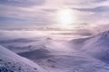 Wide expanse of a snowy arctic landscape. No trees, people, or life. Snow as far as the eye can see. Shot taken during sunset Royalty Free Stock Photo