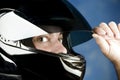 Wide-eyed man in a motorcycle helmet Royalty Free Stock Photo