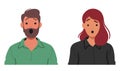 Wide-eyed And Mouth Agape Man And Woman Faces Reflect Surprise, Eyebrows Arched In Amazement, Vector Illustration