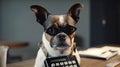 Wide eyed puppy looks intimidated and surprised with calculator. AI Generative