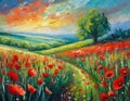 Field with red poppies landscape art oil painting Royalty Free Stock Photo