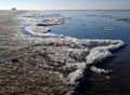Wide focus shot of ice accumulation on the water at a beach