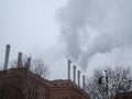 Wide footage of factory plant chimneys