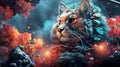 Wide format banner artistic illustration of a beautiful wise cat