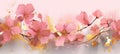 Wide format digital artwork of pink flowers with gold leaves and specks on a soft background. Concept of floral panorama