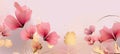 Wide format digital artwork of pink flowers with gold leaves and specks on soft background. Concept of floral panorama