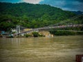 Wide Ganga river view in Haridwar India, Ganga river full wide view, cable wire bridge over ganga river