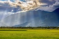 Wide golden rice field,rural scenery and jesus light on the mountain.