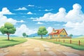 a wide gravel road stretching toward a ranch house, magazine style illustration