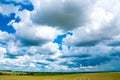 Wide green field. Blue sky with magnificent white clouds. In the background are trees. Royalty Free Stock Photo