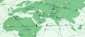 Wide green map with pins. Adventure, discovery, navigation, communication, logistics, geography, transport and travel theme