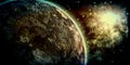 Wide Grunge Space Background Green Sunrise Planet and Nebula in Universe