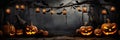 Wide Halloween banner in night with vintage lanterns and pumpkin lights Royalty Free Stock Photo