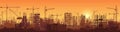 Wide high detailed banner illustration silhouette in sunset of buildings under construction in process.