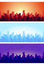 Wide horizontal cityscape at different times. Seamless panorama of skyscrapers roof silhouettes in the morning, afternoon and