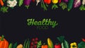 Wide horizontal Healthy food background. Copy space. Variety of decorative vegetables with grain texture on dark