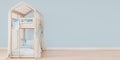 Wide horizontal mock up poster frame with free space on the right side, Bunk bed with baby blue bedding, Scandinavian style