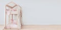 Wide horizontal mock up poster frame with free space on the right side, Bunk bed with clean pink bedding, Scandinavian style