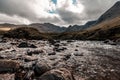 Wide horizontal shot of a waterfall with stones in cloudy dark weather in Ilse of Skye, Scotland Royalty Free Stock Photo