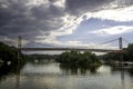 A wide horizontal view of the iconic Wurts Street Bridge, spanning the Rondout Creek at sunset,