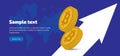 wide illustration of two digital virtual cryptocurrency bitcoin gold coins on a white arrow on blue background with Royalty Free Stock Photo