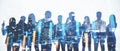 Wide image of businesspeople silhouettes standing on abstract night city background with forex chart. Teamwork, finance and Royalty Free Stock Photo