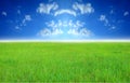 Wide image of green grass field and bright blue sky