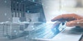 Wide image of man hand using laptop on abstract blurry office background with binary coding and digital wave. Big data and Royalty Free Stock Photo