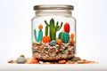 wide jar filled with cacti and pebbles Royalty Free Stock Photo