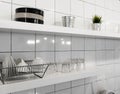 Wide kitchen shelves and wall shelving for storage and display. White wooden shelf and budget lightweight dish rack with dishes,