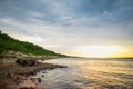 wide landscape with river bank at sunset Royalty Free Stock Photo