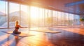 Wide and Large Room with wooden floor and powerful Golden light with a woman meditating seated in front of the Sun - AI generated