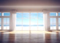 Wide large window oak wooden room gallery opening to beach sunny blue skies landscape. Template