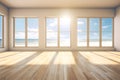 Wide large window oak wooden room gallery opening to beach sunny blue skies landscape. Template