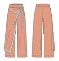 Wide Leg Pants technical fashion Illustration. Wrap Pants, Asymmetric Skirt over Pants fashion flat technical drawing template