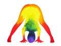 Wide-Legged Forward Bend Pose yoga, 7 color chakra watercolor painting