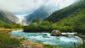 Wide lens shot: Briksdal glacier with a mountain river in the foreground. The amazing nature of Norway Royalty Free Stock Photo