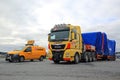 Wide Load Transport with Pilot Vehicle Parked Royalty Free Stock Photo