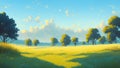Wide madow with trees and cloudy sky painting