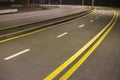 Wide modern smooth empty asphalt highway sharp turn sharp with bright white and double yellow marking sign line. Speed, safety,