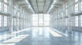 Wide Open Industrial Space With High Ceilings And Ample Natural Light From Large Windows. Generative AI Royalty Free Stock Photo