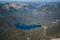 Panoramic view of Eibsee lake landscape on top Zugspitze; Wetterstein mountains, Experienced peoples hiking advenure in Alpen Royalty Free Stock Photo