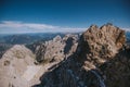 Panoramic view landscape on top Zugspitze; Wetterstein mountains, Experienced peoples hiking advenure in Alpen