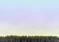 Wide open pastel colored skyscape with line of tall pine trees a