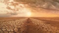 Wide panorama of barren cracked land with sun barely visible through the dust storm