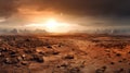 Wide panorama of barren cracked land with sun barely visible through the dust storm