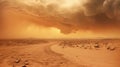 Wide panorama of barren cracked land with sun barely visible through the dust storm