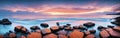Wide panorama of beautiful sunset over calm sea. Sunrise over the sea. Web banner or print. Vacation holiday concept background. Royalty Free Stock Photo