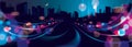 Wide panorama big city nightlife with street lamps and bokeh blu Royalty Free Stock Photo