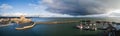 Wide Panorama of Carrickfergus castle and marina near Belfast